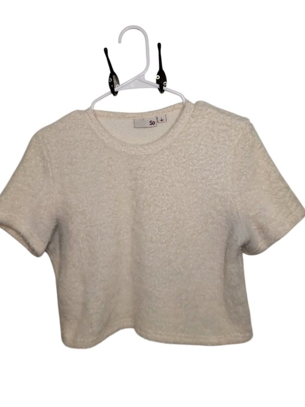 SO Fuzzy Knit Cropped Short Sleeve Sweater Cream White